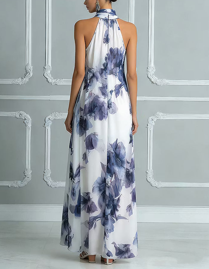 Vestido largo de gasa con cuello halter y estampado acuarela