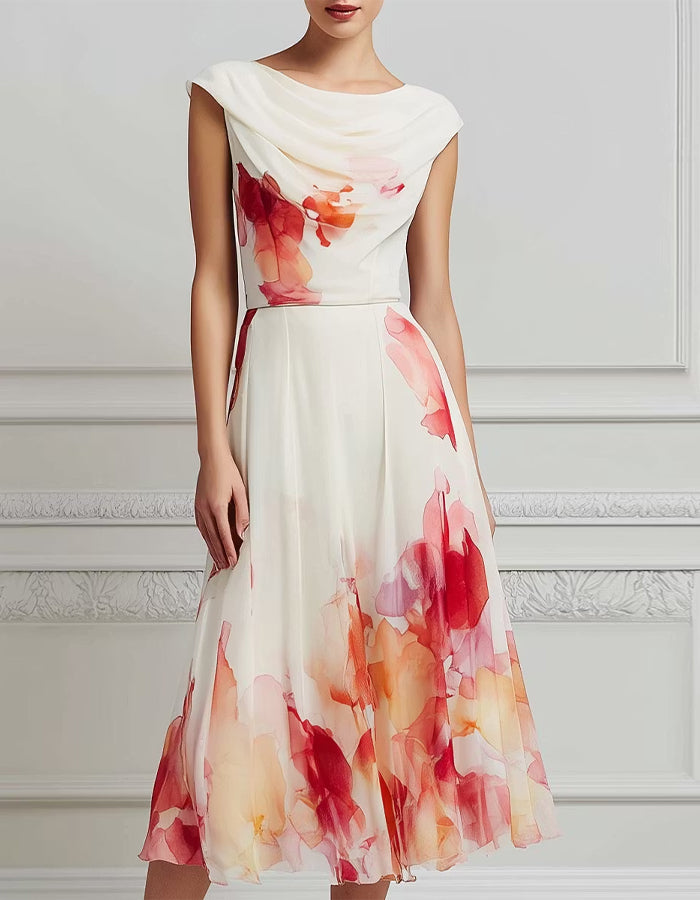 Vestido midi de gasa color crema con cuello halter