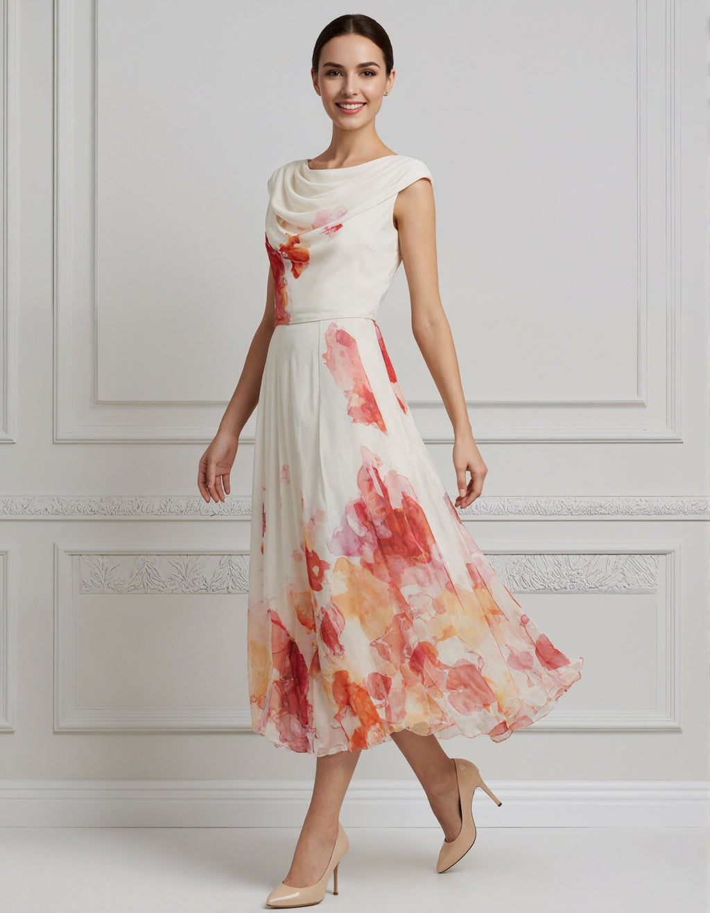 Vestido midi de gasa color crema con cuello halter
