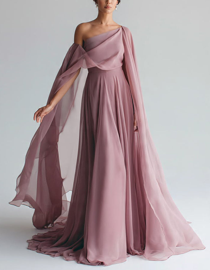 Vestido largo de gasa gris rosado