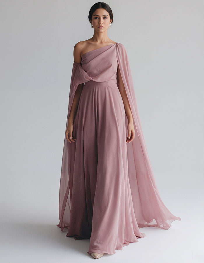 Vestido largo de gasa gris rosado