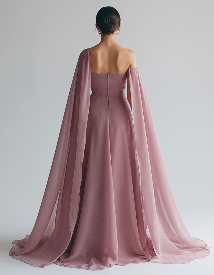 Vestido largo de gasa gris rosado