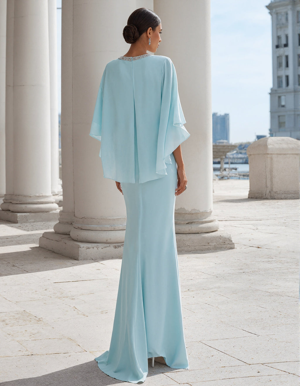 Vestido largo azul cielo de gasa