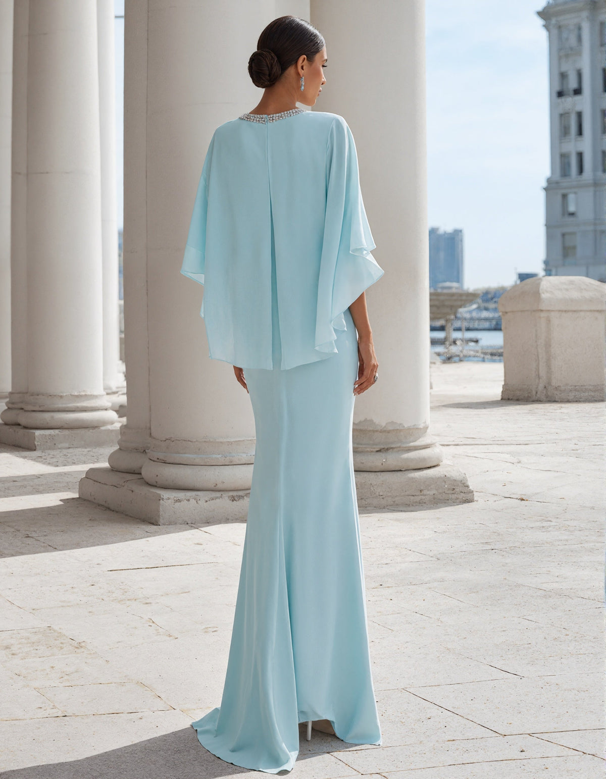 Vestido largo azul cielo de gasa