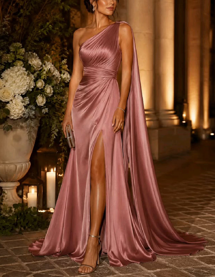 Vestido largo de satén rosa con un hombro
