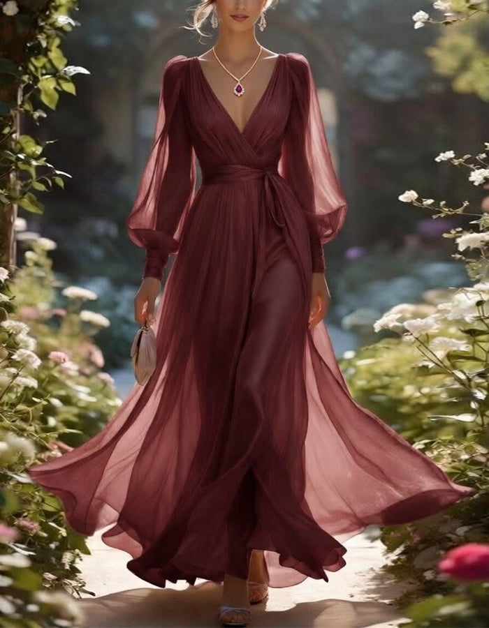 Vestido largo burdeos con escote v profundo y manga farol