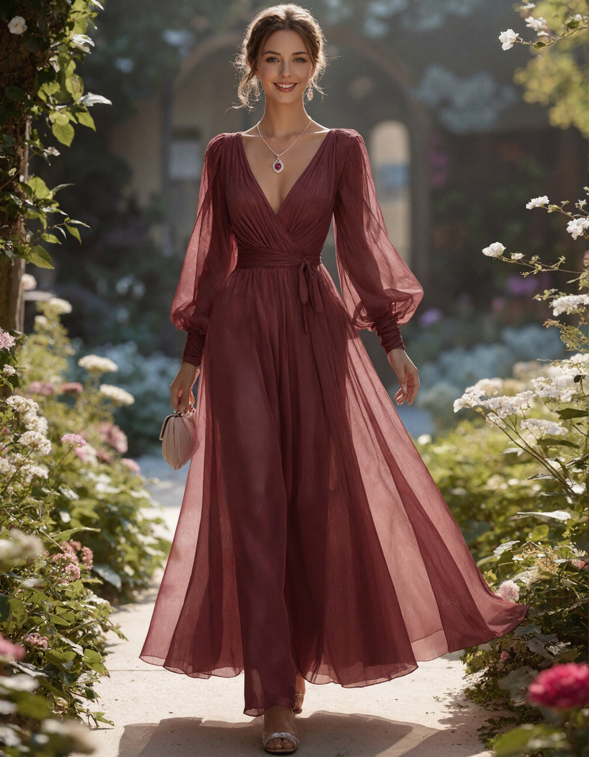 Vestido largo burdeos con escote v profundo y manga farol