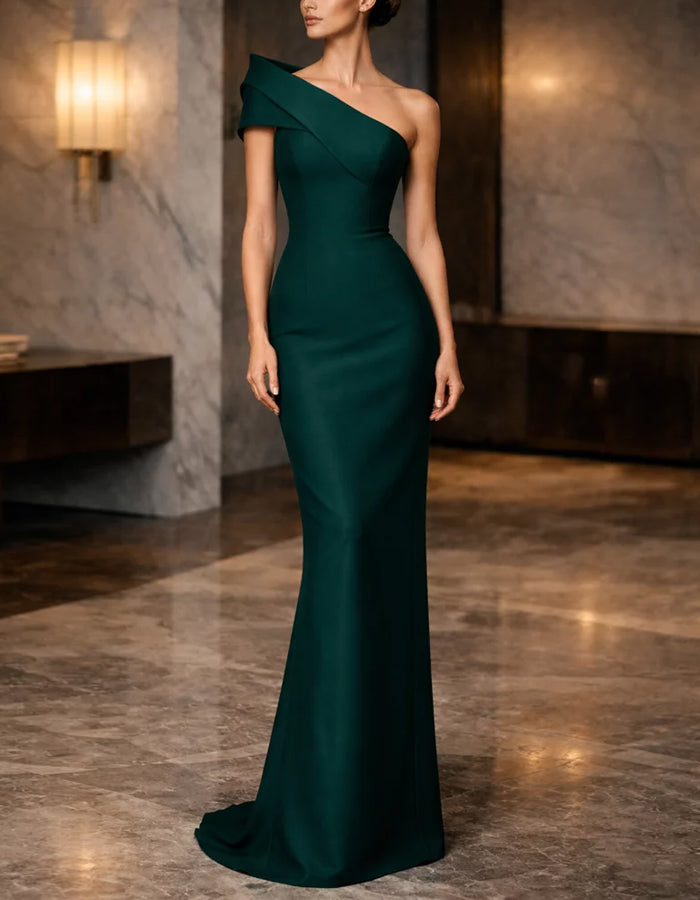 Vestido largo satinado de un hombro en verde oscuro