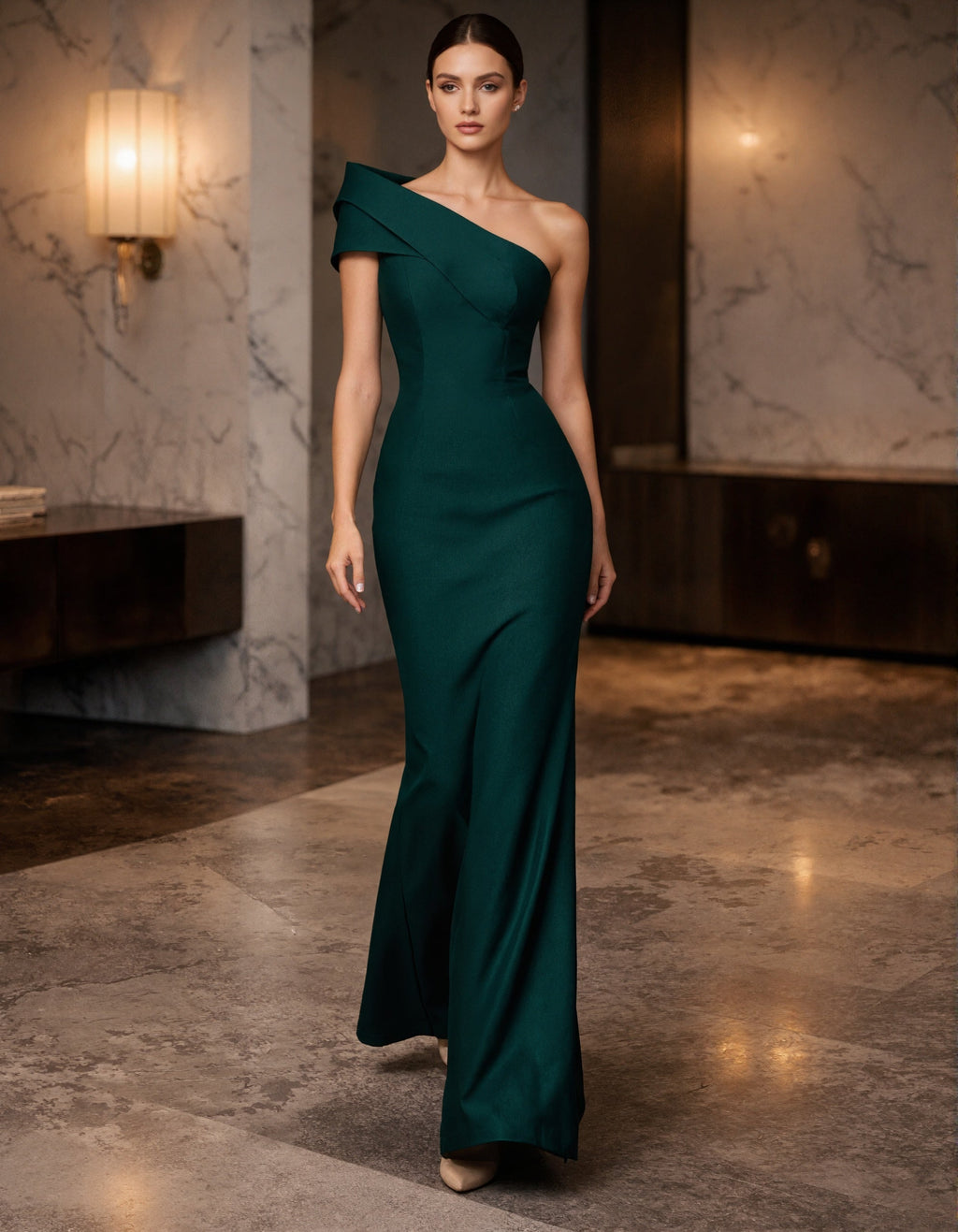 Vestido largo satinado de un hombro en verde oscuro