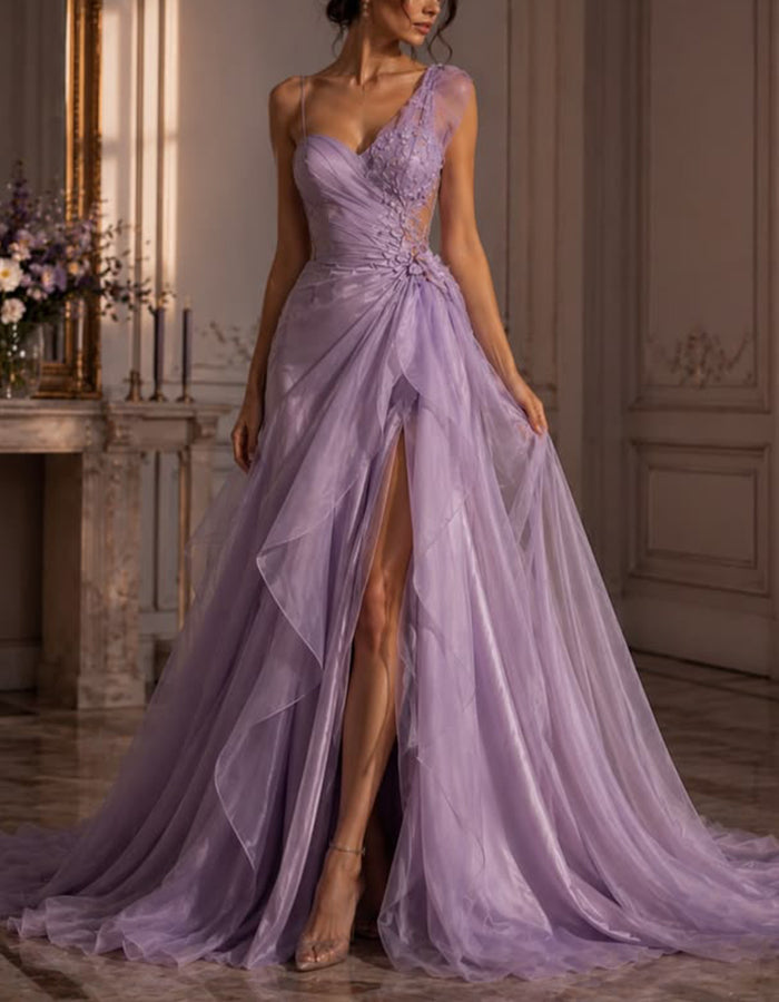 Vestido largo lavanda con aplique de encaje