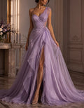 Vestido largo lavanda con aplique de encaje
