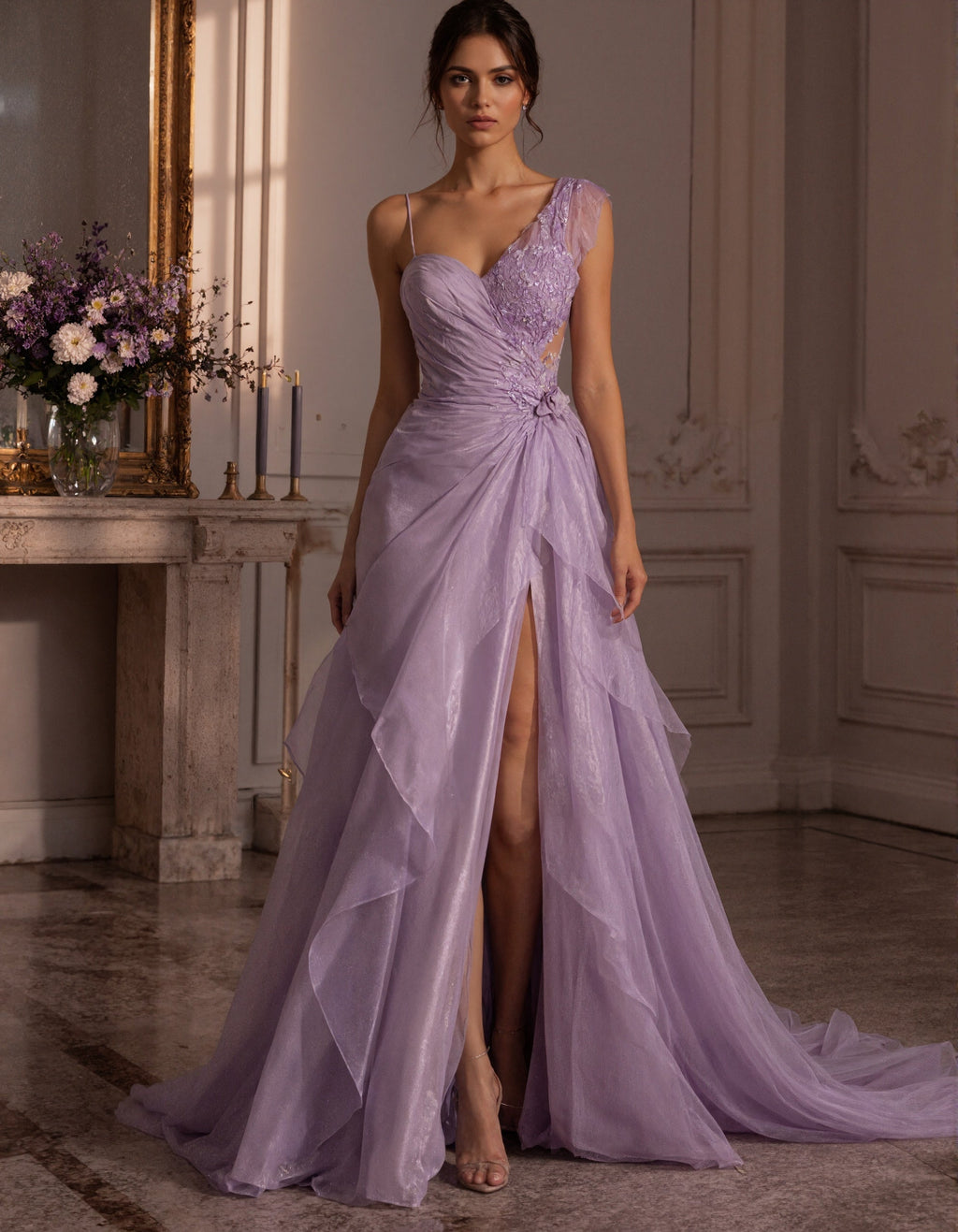 Vestido largo lavanda con aplique de encaje