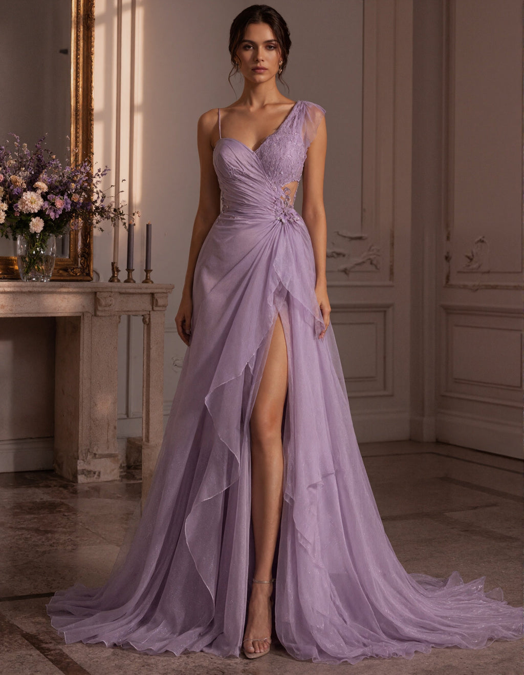Vestido largo lavanda con aplique de encaje