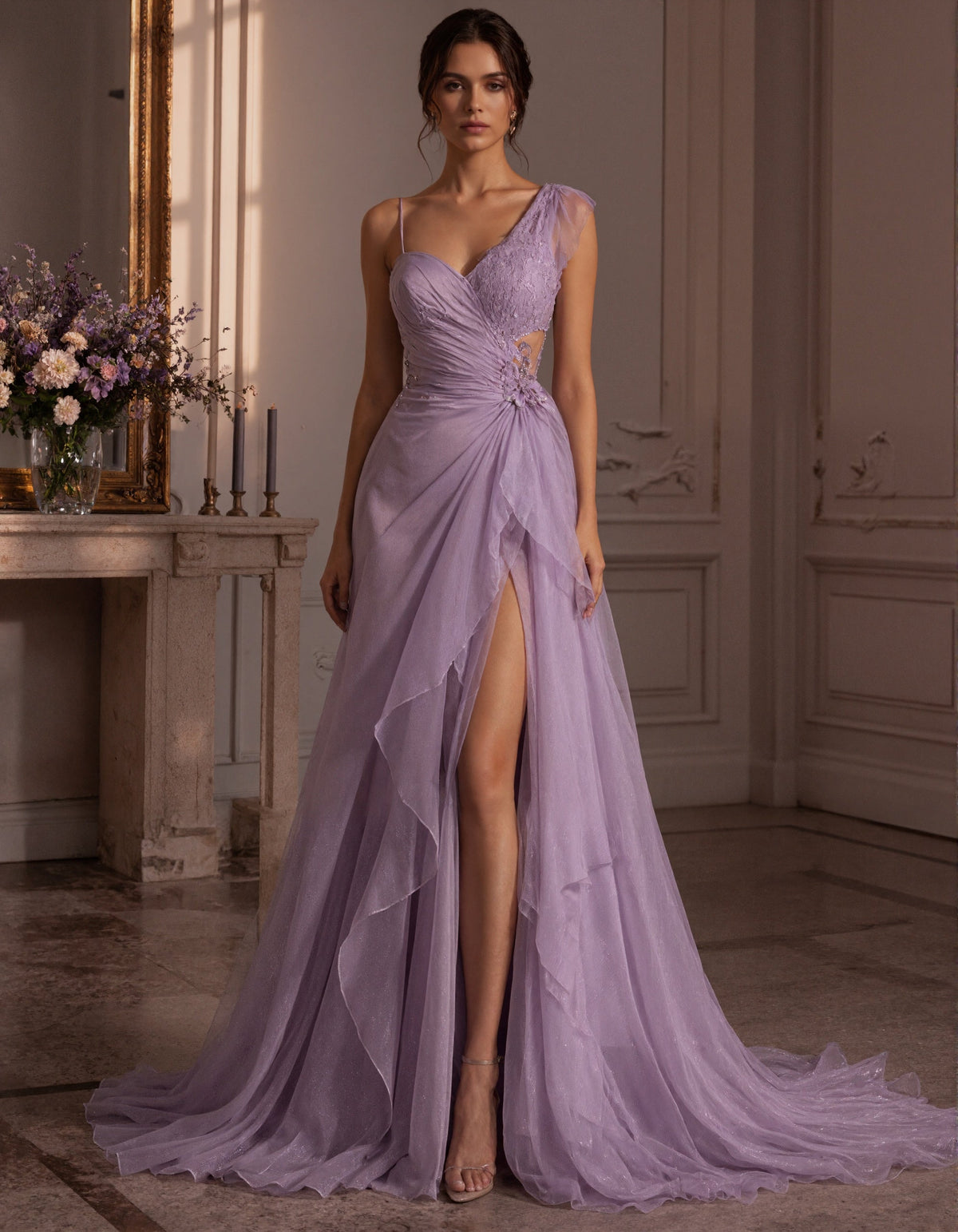 Vestido largo lavanda con aplique de encaje