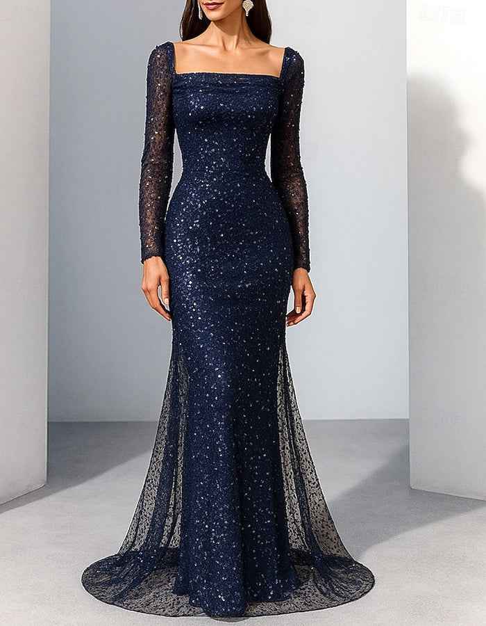 Vestido largo de lentejuelas azul marino con cuello cuadrado
