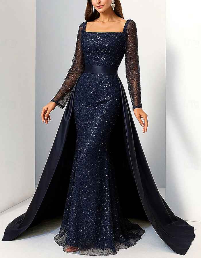 Vestido largo de lentejuelas azul marino con cuello cuadrado