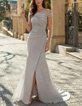 Vestido largo hombros descubiertos gris jaspeado