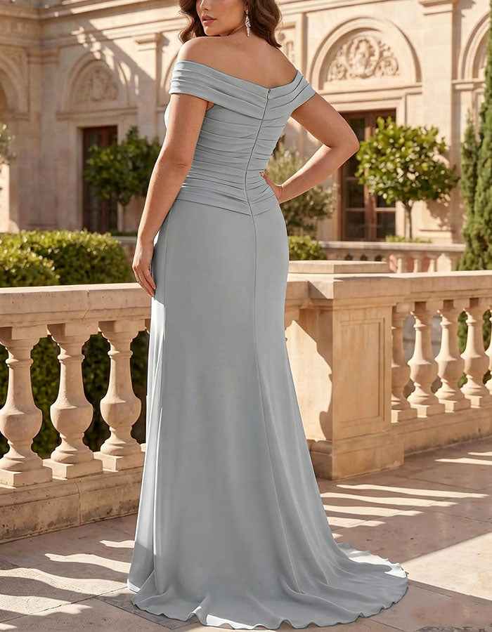 Vestido largo hombros descubiertos gris jaspeado