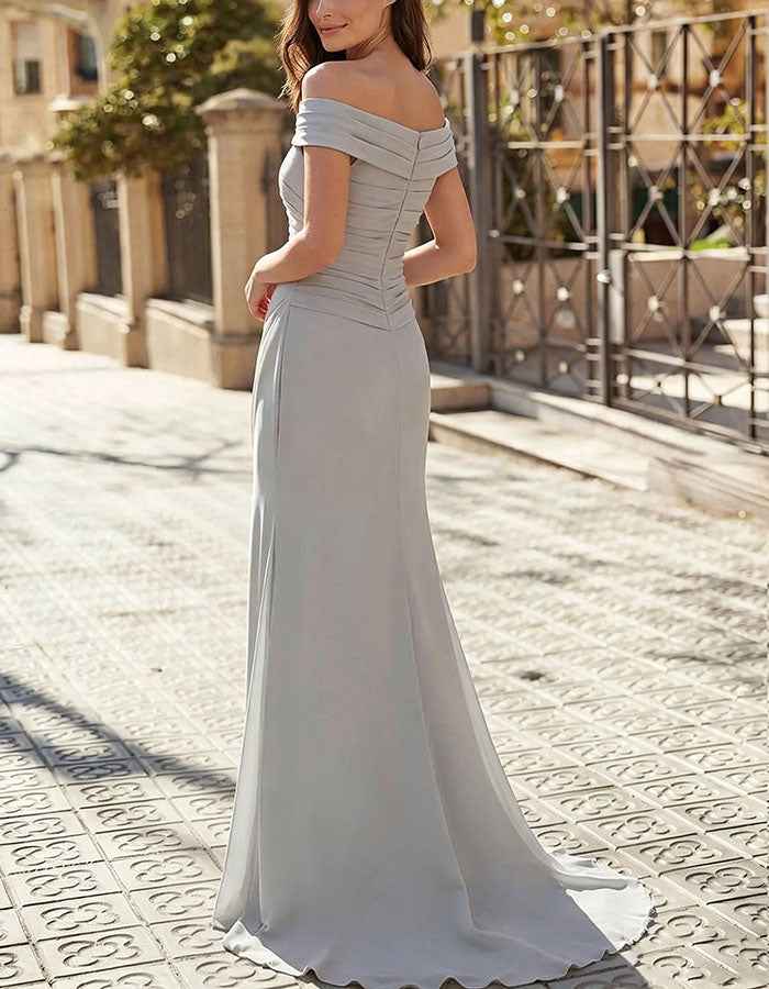 Vestido largo hombros descubiertos gris jaspeado