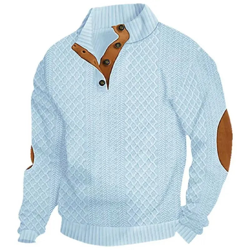Jersey de punto jacquard con cuello alto y coderas azul cielo