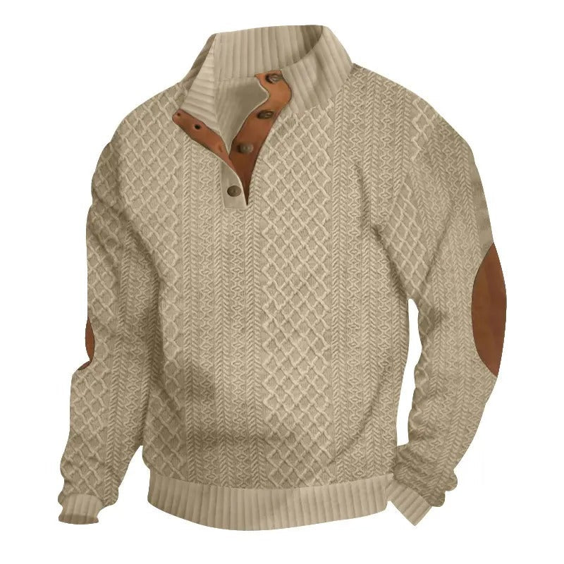 Jersey de punto jacquard con cuello alto y coderas caqui