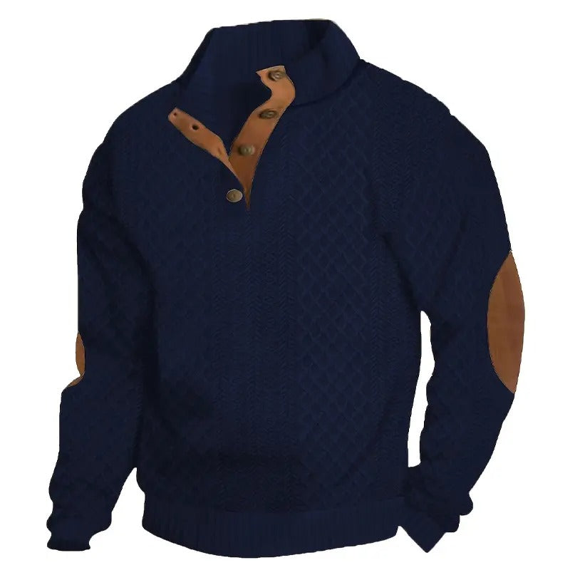 Jersey de punto jacquard con cuello alto y coderas azul marino