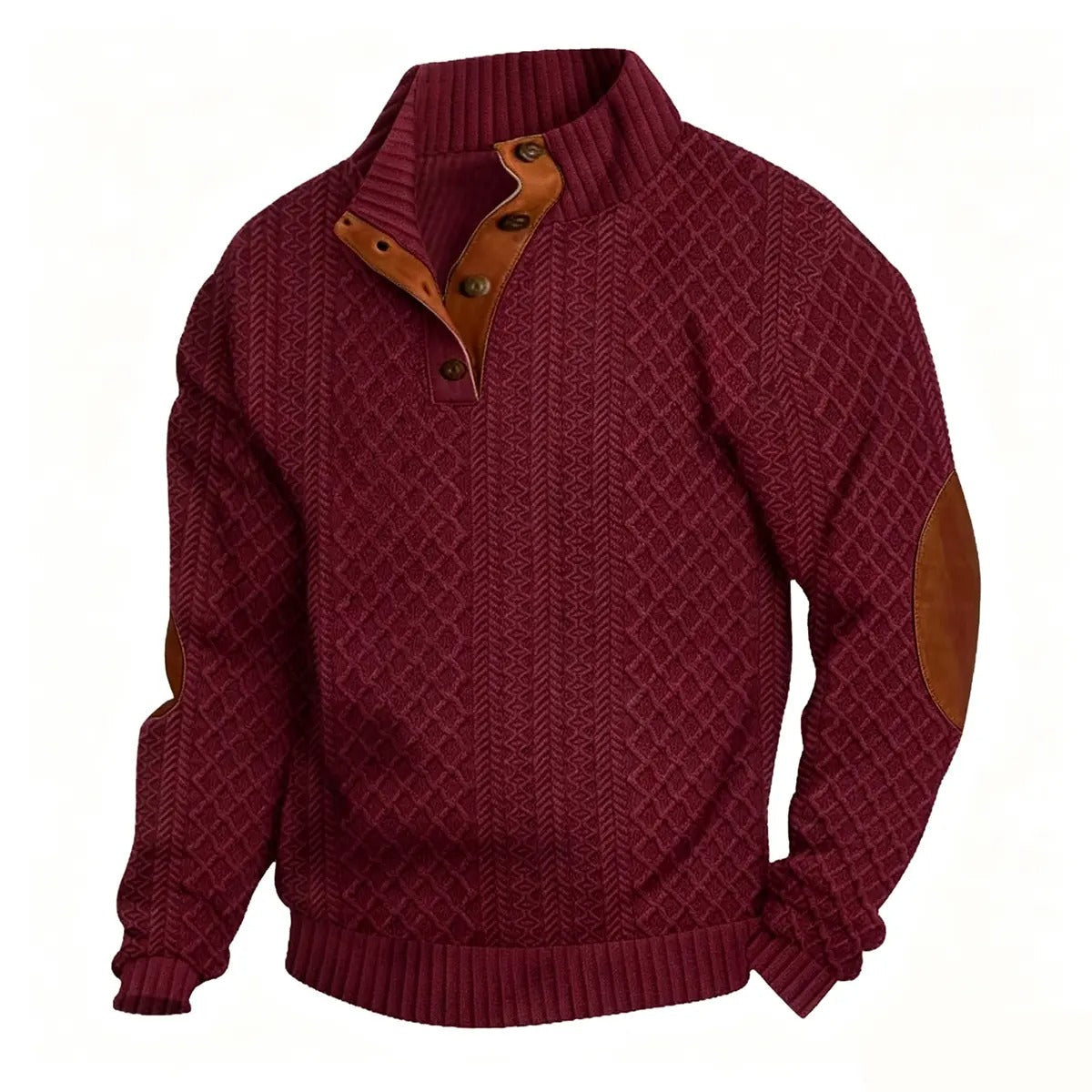 Jersey de punto jacquard con cuello alto y coderas granate