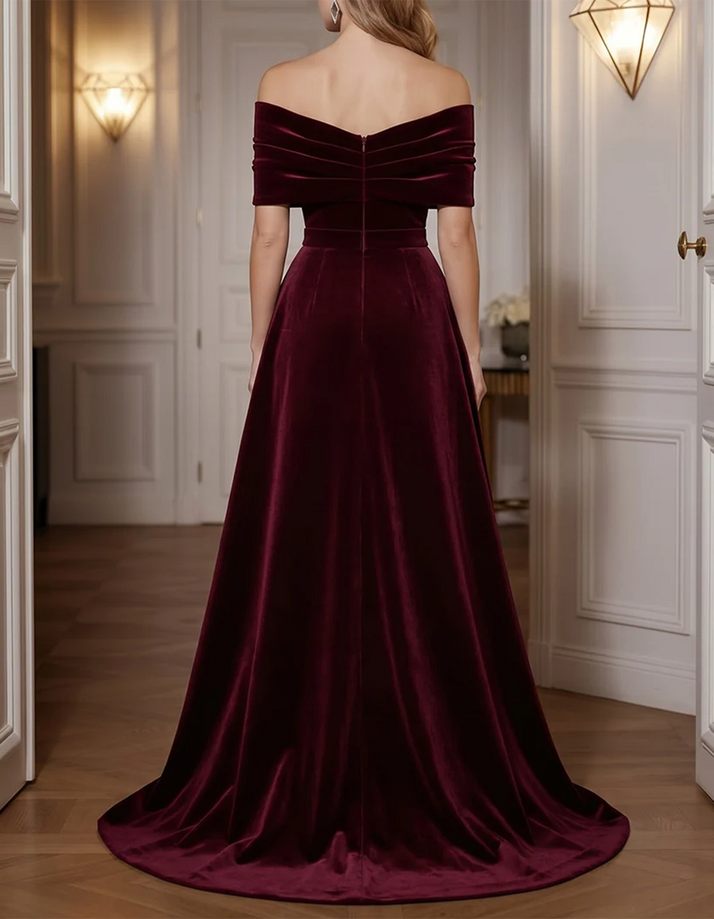 Vestido largo sirena burdeos de hombros descubiertos
