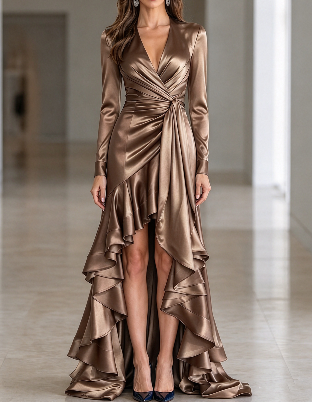 Vestido largo de manga larga con escote en V profundo