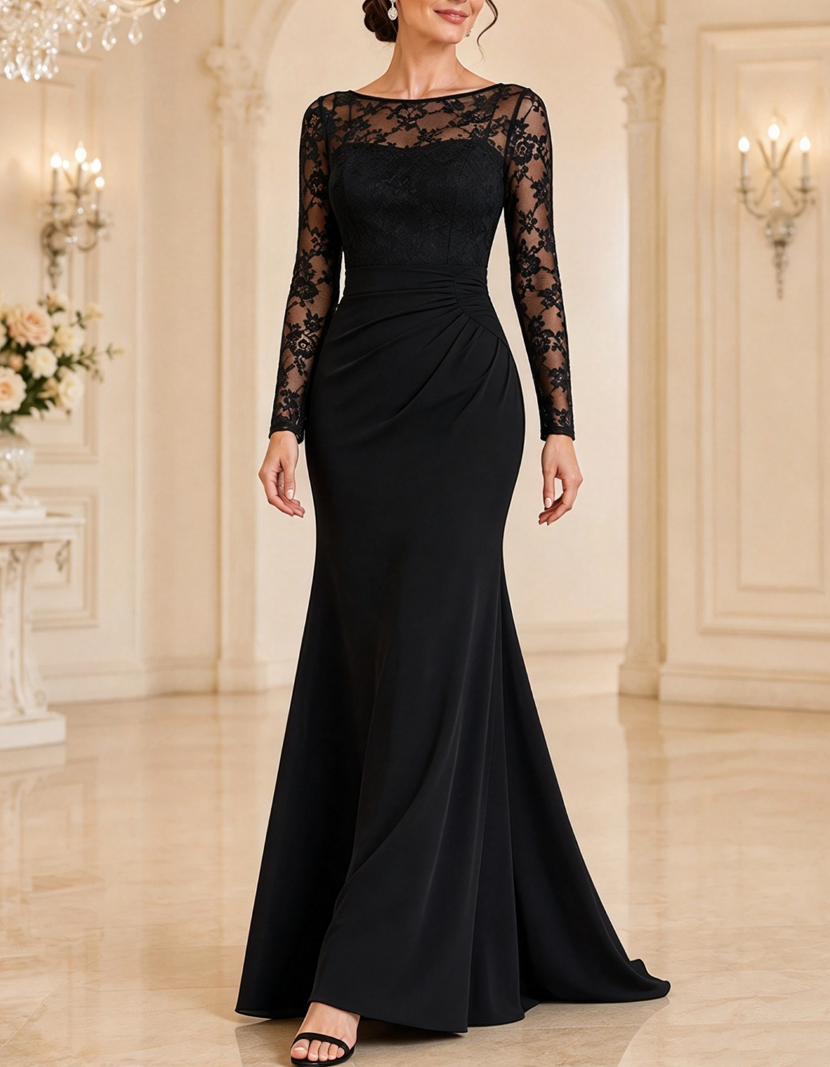 Vestido largo de encaje con mangas largas