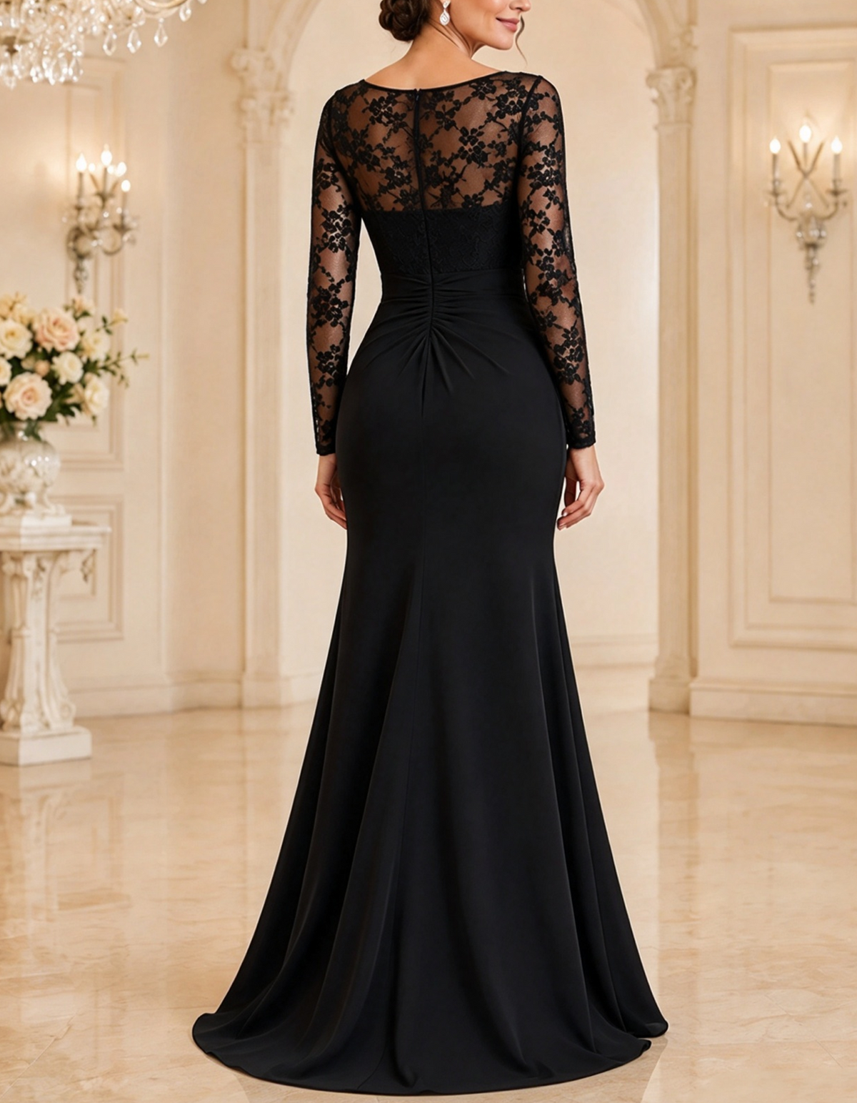 Vestido largo de encaje con mangas largas