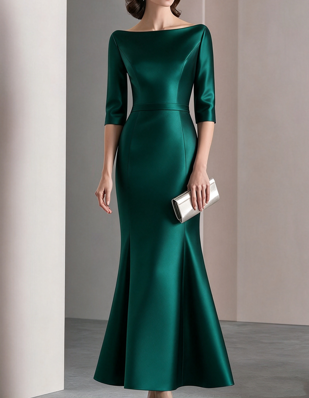Vestido largo de satén con cuello barco