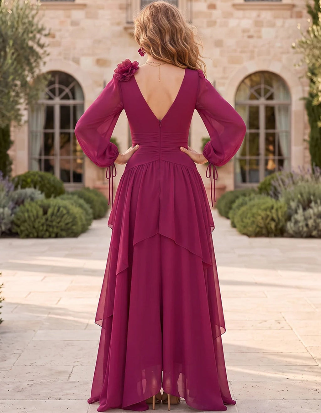 Vestido largo de gasa con cuello en V y mangas farol