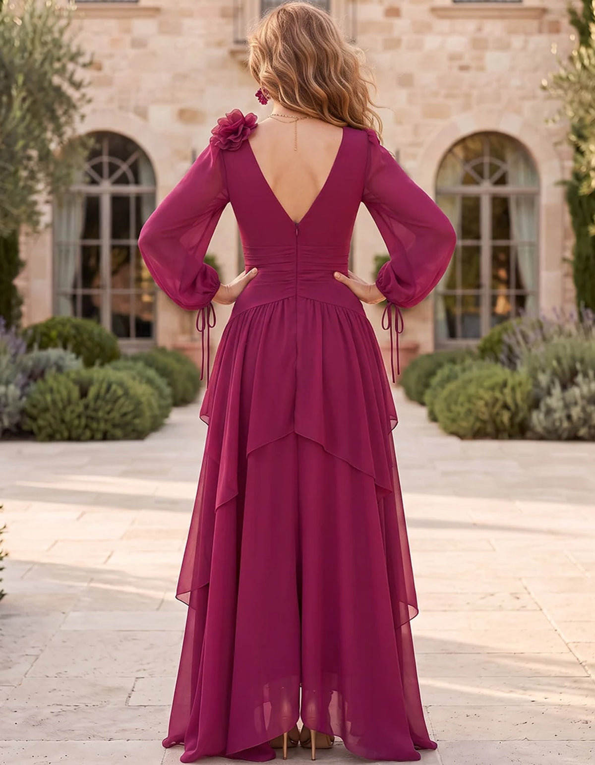 Vestido largo de gasa con cuello en V y mangas farol