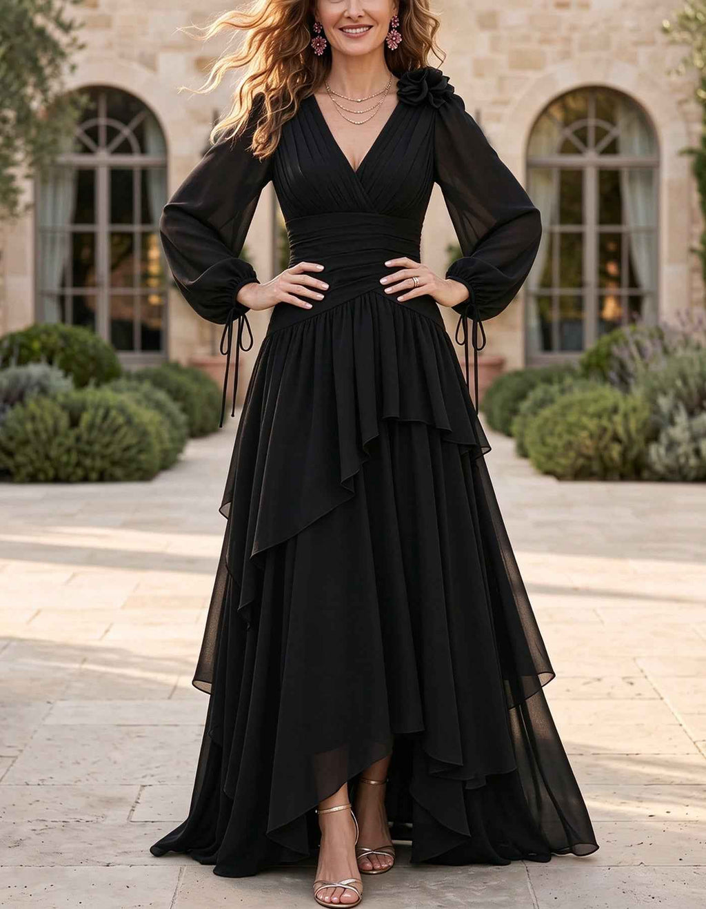 Vestido largo de gasa con cuello en V y mangas farol