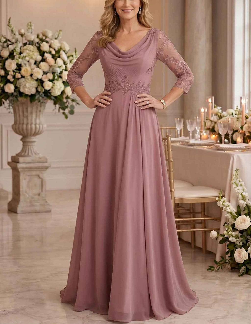 Vestido largo de gasa con cuello drapeado y manga de encaje