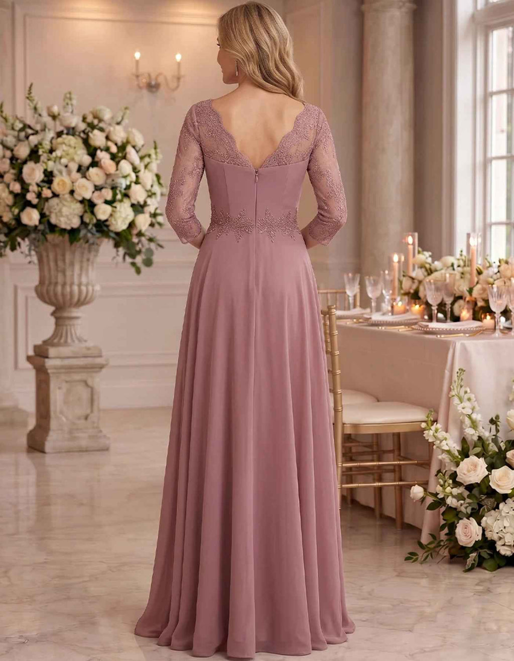Vestido largo de gasa con cuello drapeado y manga de encaje
