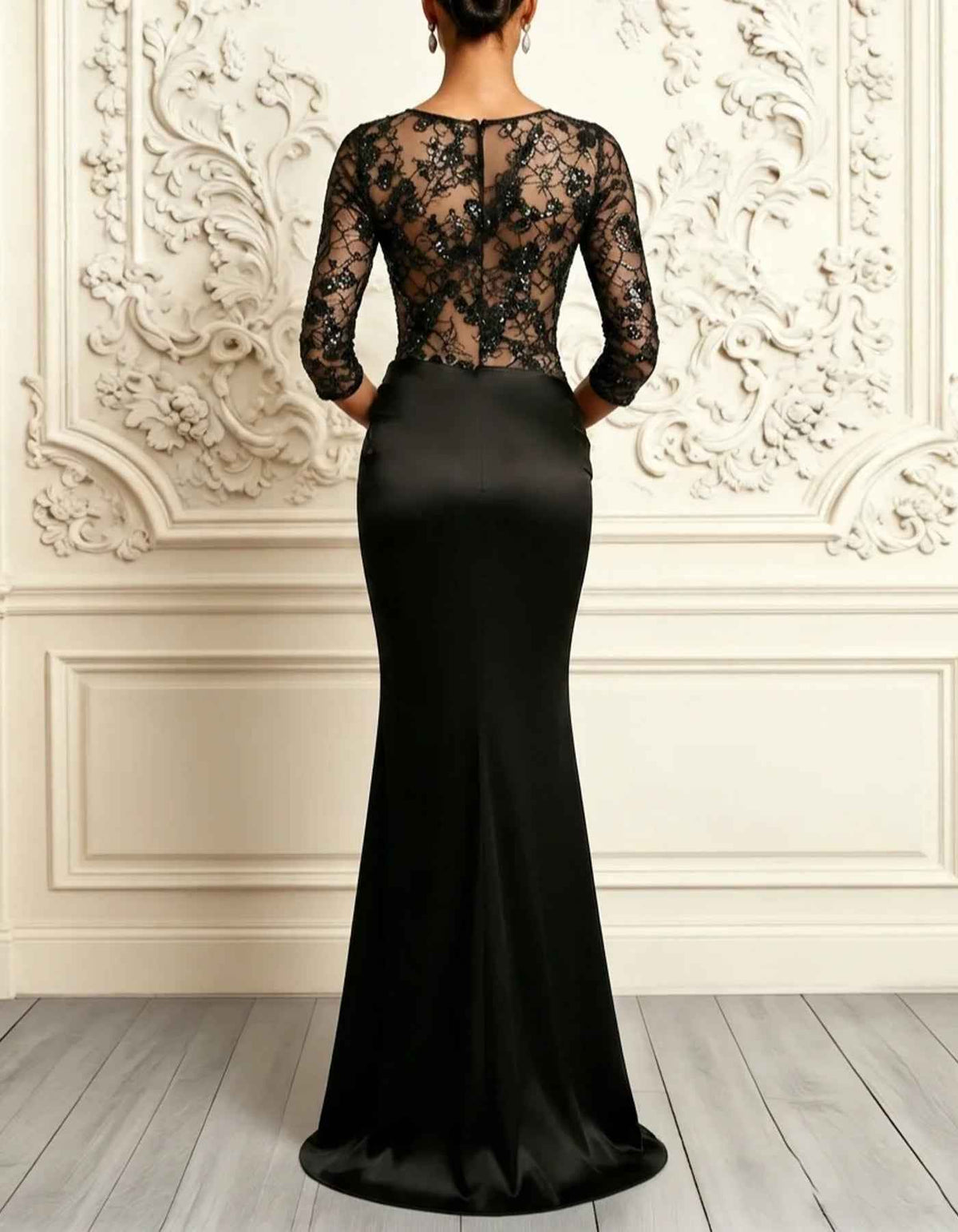 Vestido largo sirena de encaje y satén negro