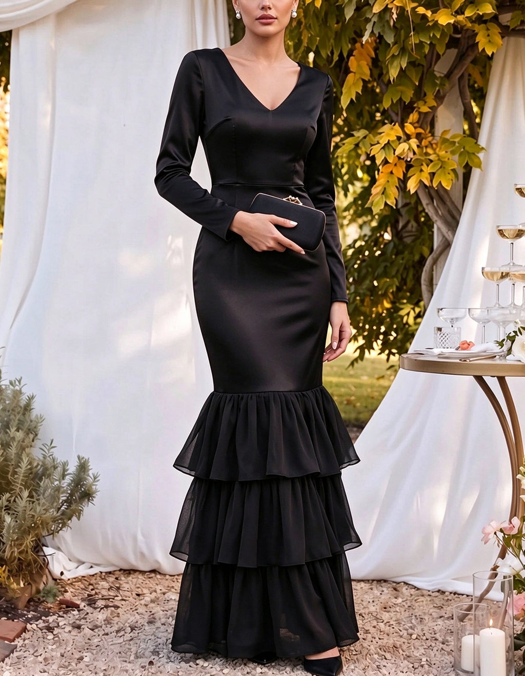 Vestido largo de satén con manga larga y volantes