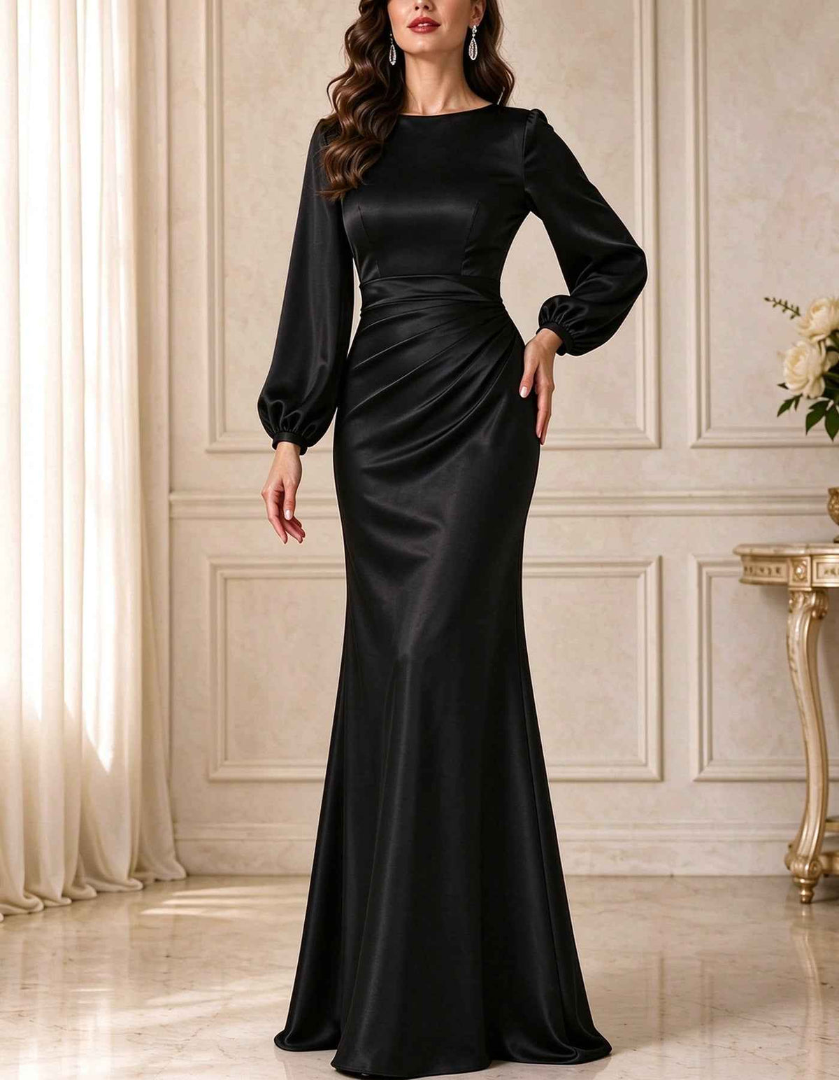 Vestido largo de satén con mangas abullonadas y cintura fruncida