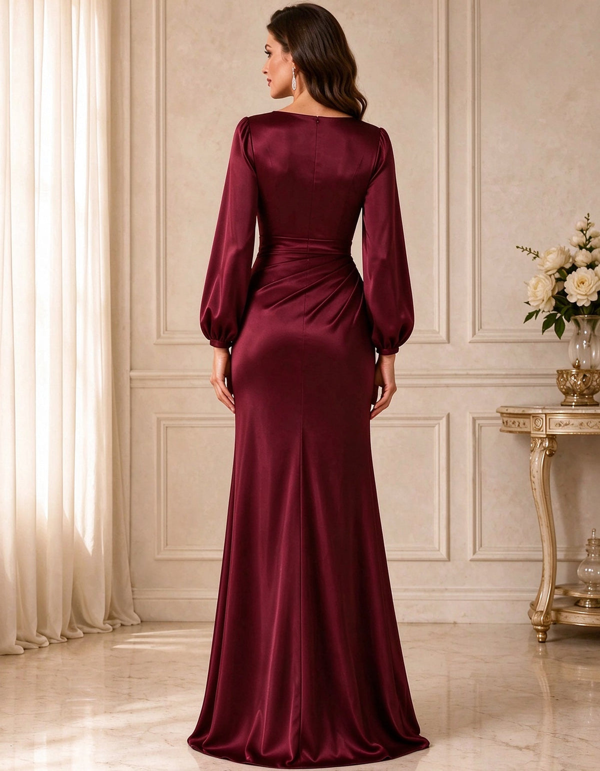 Vestido largo de satén con mangas abullonadas y cintura fruncida