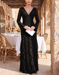 Vestido largo de gasa con escote en V y volantes