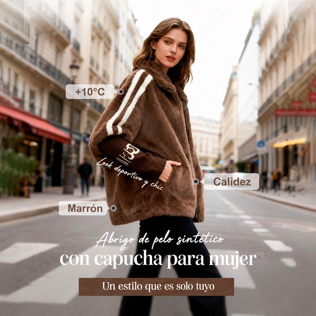 Abrigo de borreguito con capucha y cremallera para mujer