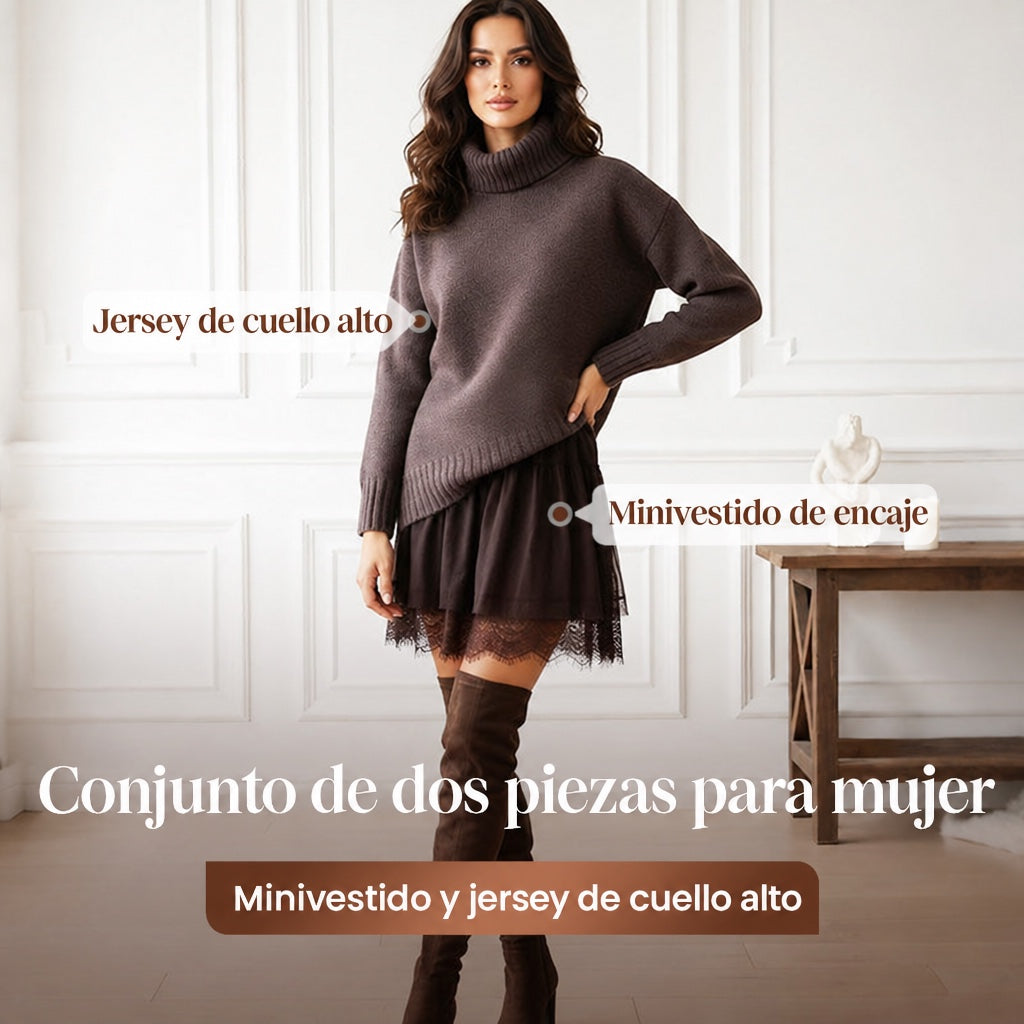 Conjunto de 2 piezas: vestido jersey de cuello alto y combinación