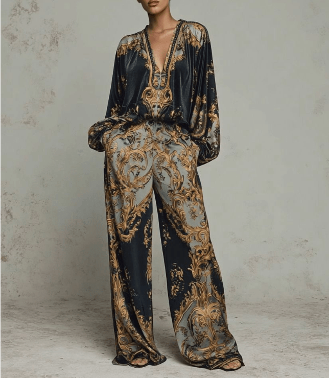 Conjunto retro con estampado barroco y escote en V