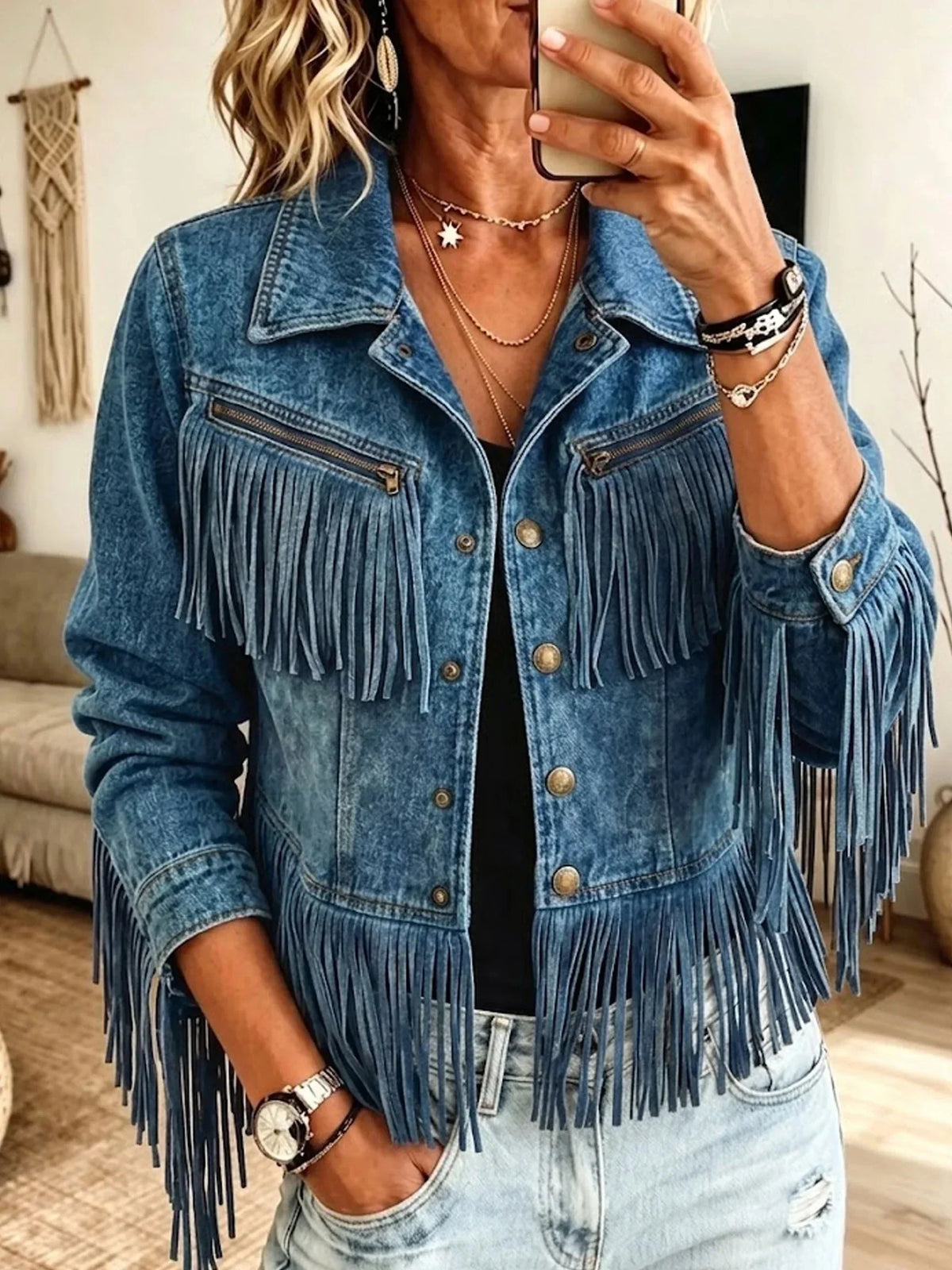 Chaqueta vaquera corta con flecos Dakota azul vaquero