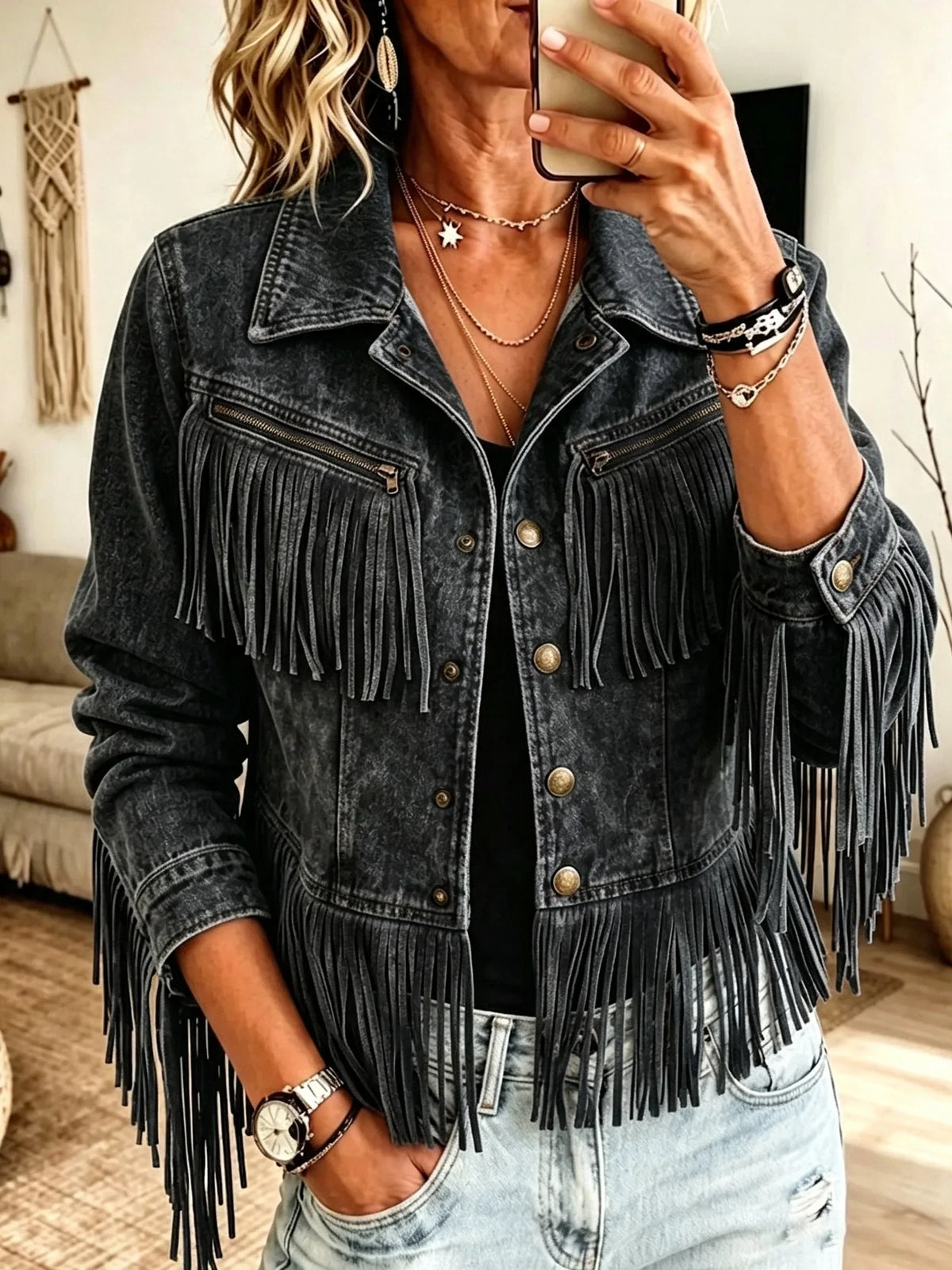 Chaqueta vaquera corta con flecos Dakota negro lavado
