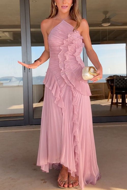 Vestido largo plisado halter con volantes