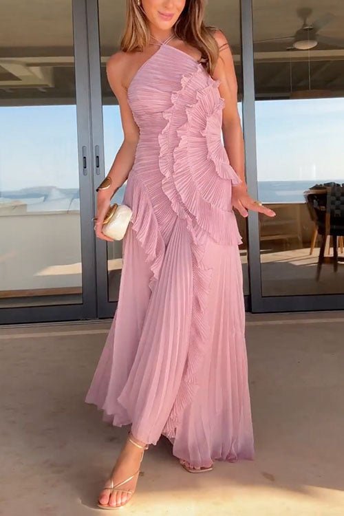 Vestido largo plisado halter con volantes