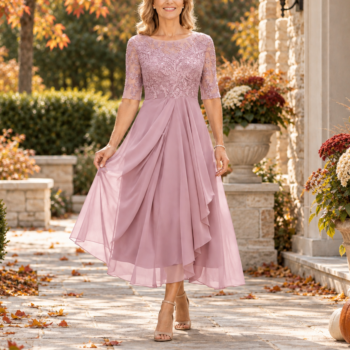 Cassandra vestido midi rosa con cuerpo de encaje